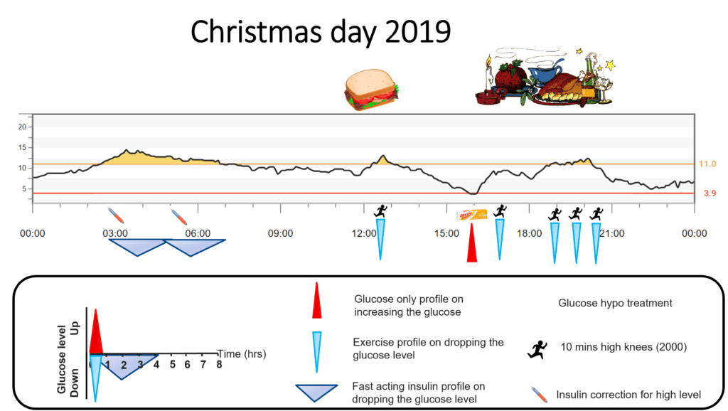 CGM glucose trace for Christmas Day 2019 showing well-controlled glucose using fast movers