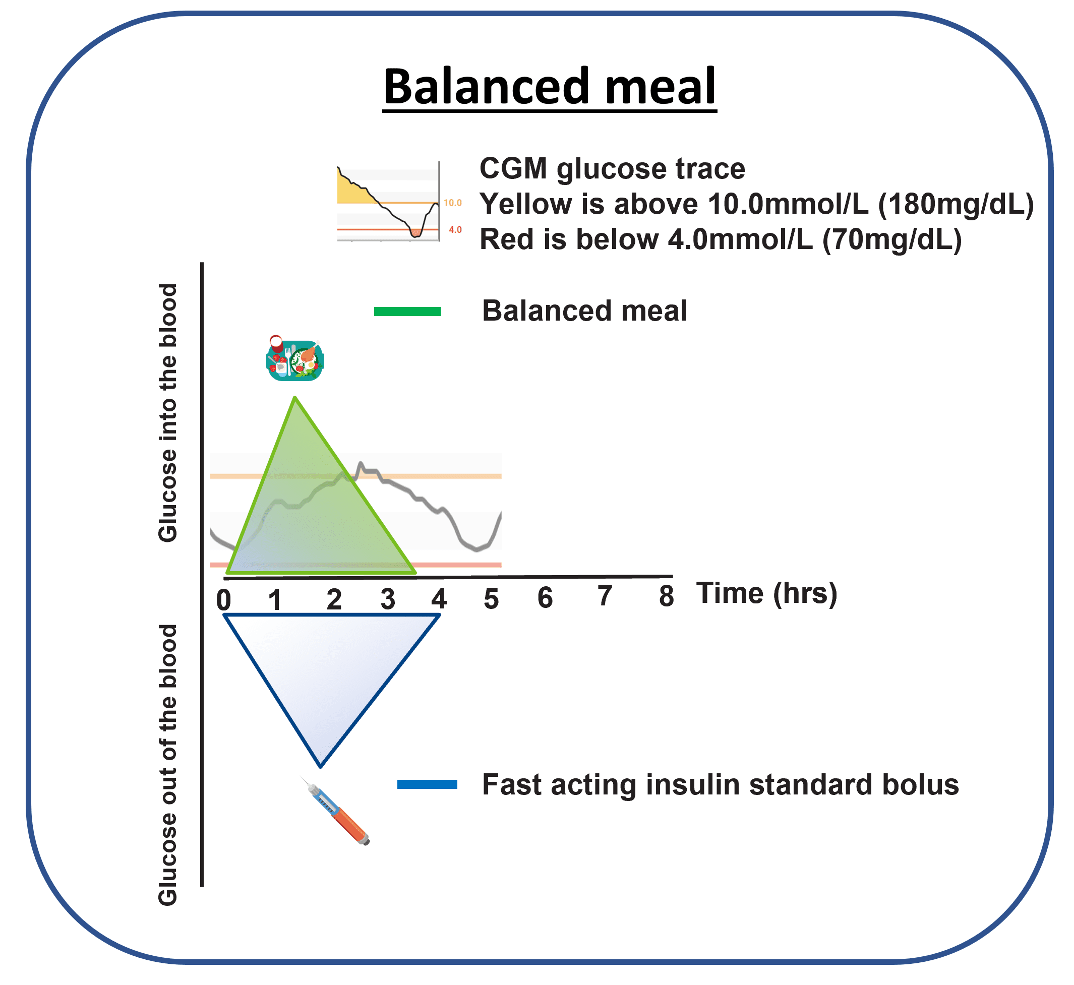 Graph showing the moderate glucose rise pattern after a balanced meal compared to a high-carb meal