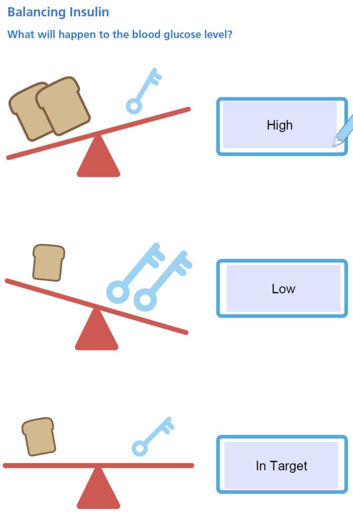 Illustration showing the concept of balancing carbohydrate intake with insulin dosing