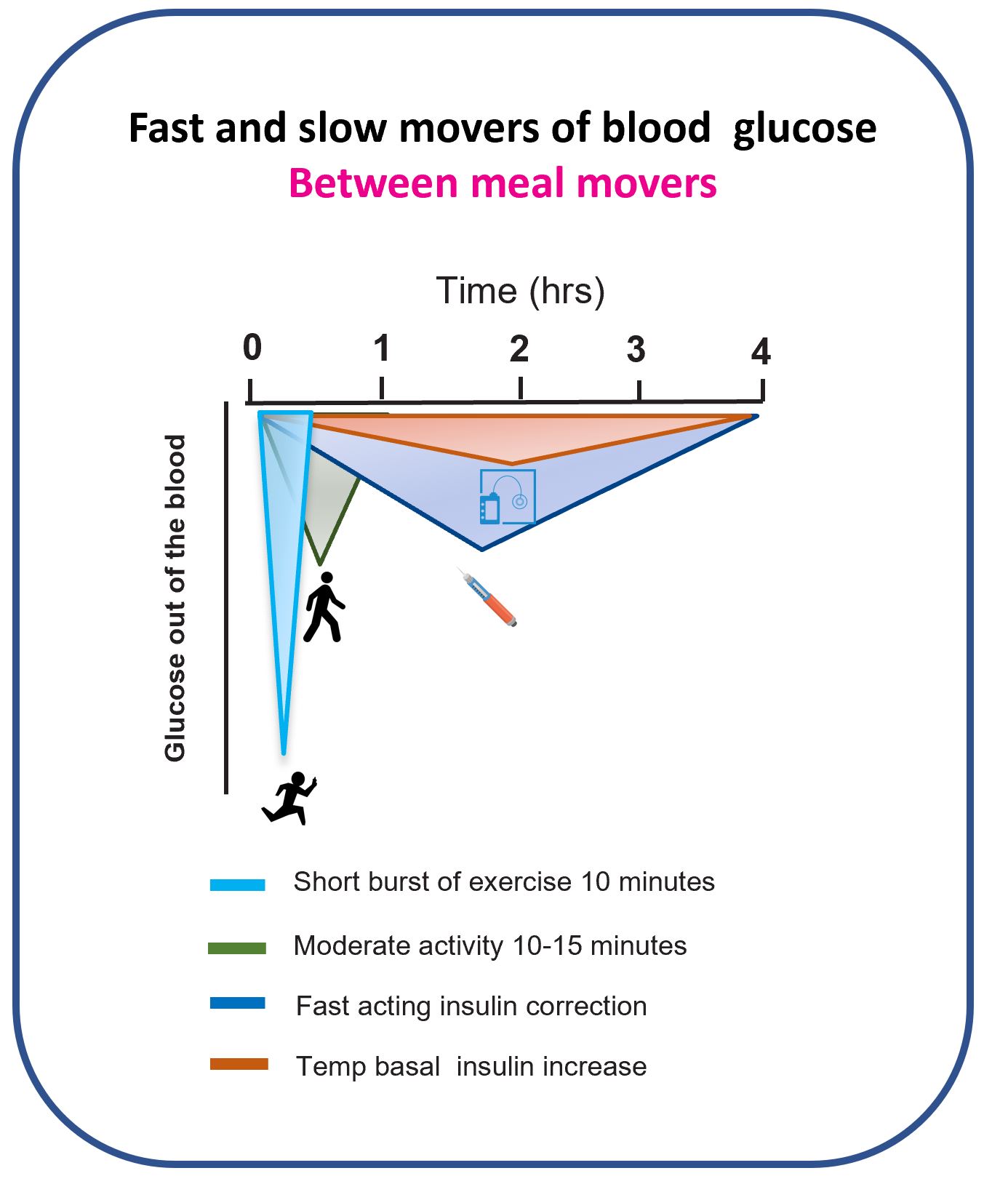Summary chart showing fast movers (such as short bursts of activity and fast-acting glucose snacks) versus slow movers (such as correction insulin and basal adjustments) for reducing glucose between meals.