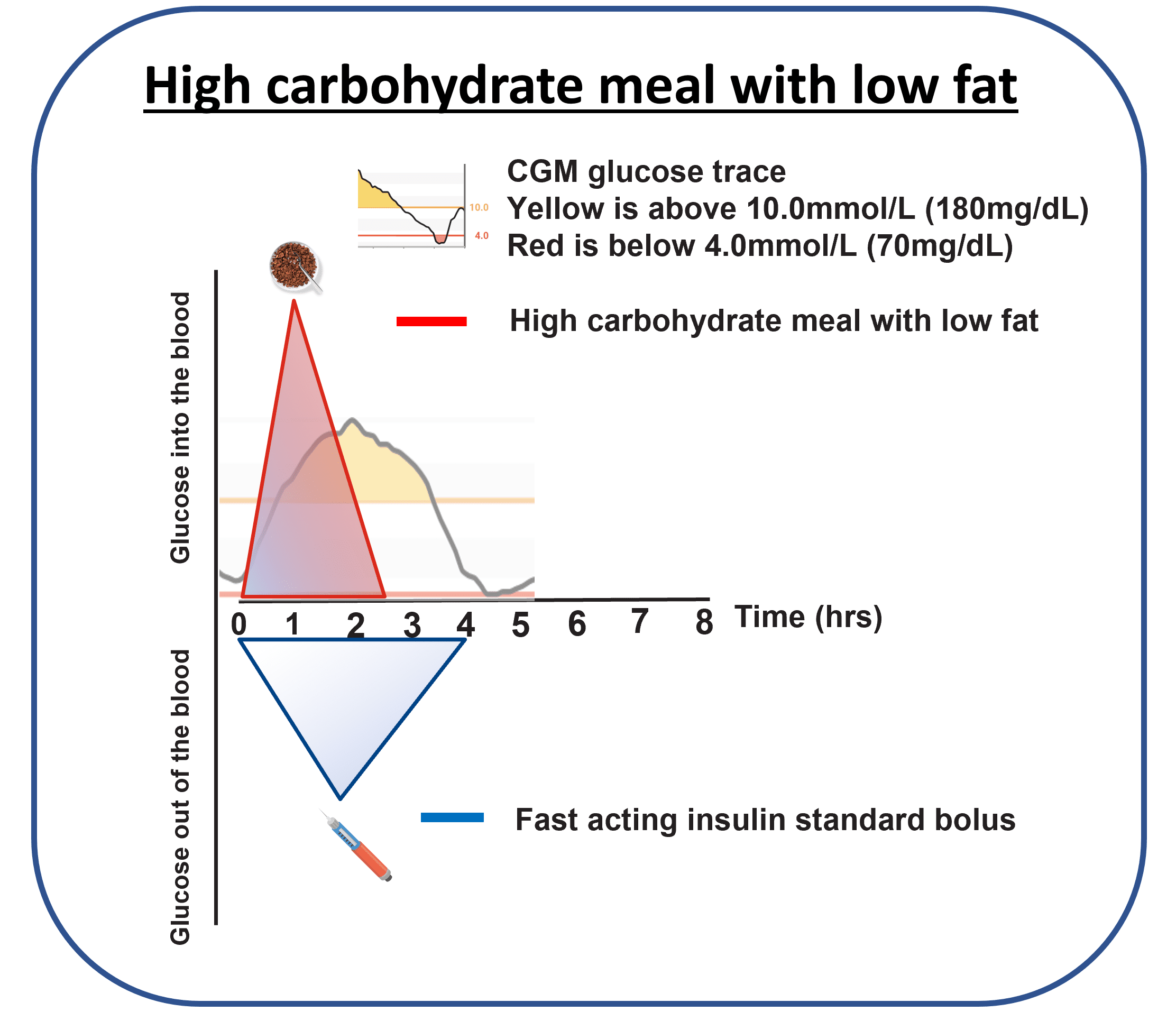 Graph showing how glucose rises rapidly after a high-carb meal while injected insulin lags behind