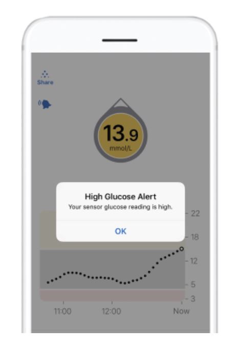 Example high glucose alert on a CGM device screen.
