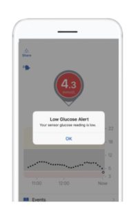 Example low glucose alert on a CGM device screen.
