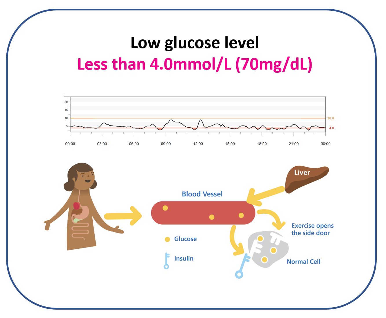 Graphic showing a low glucose reading and the concept of hypoglycaemia