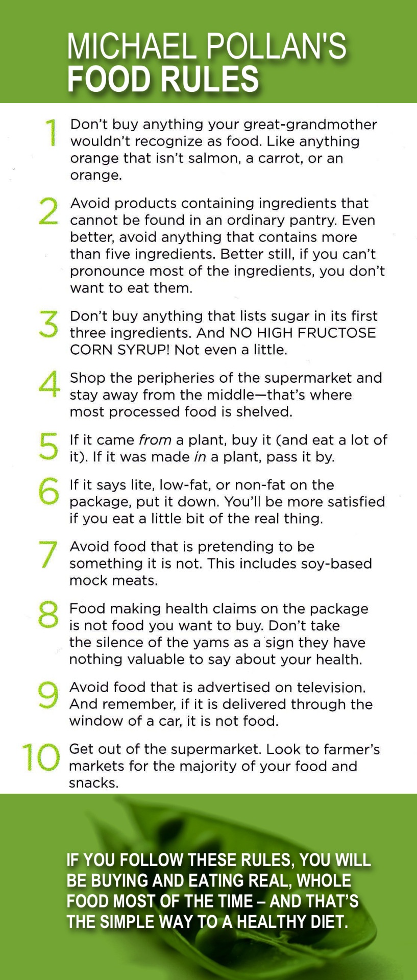 Summary graphic of Michael Pollan's ten food rules