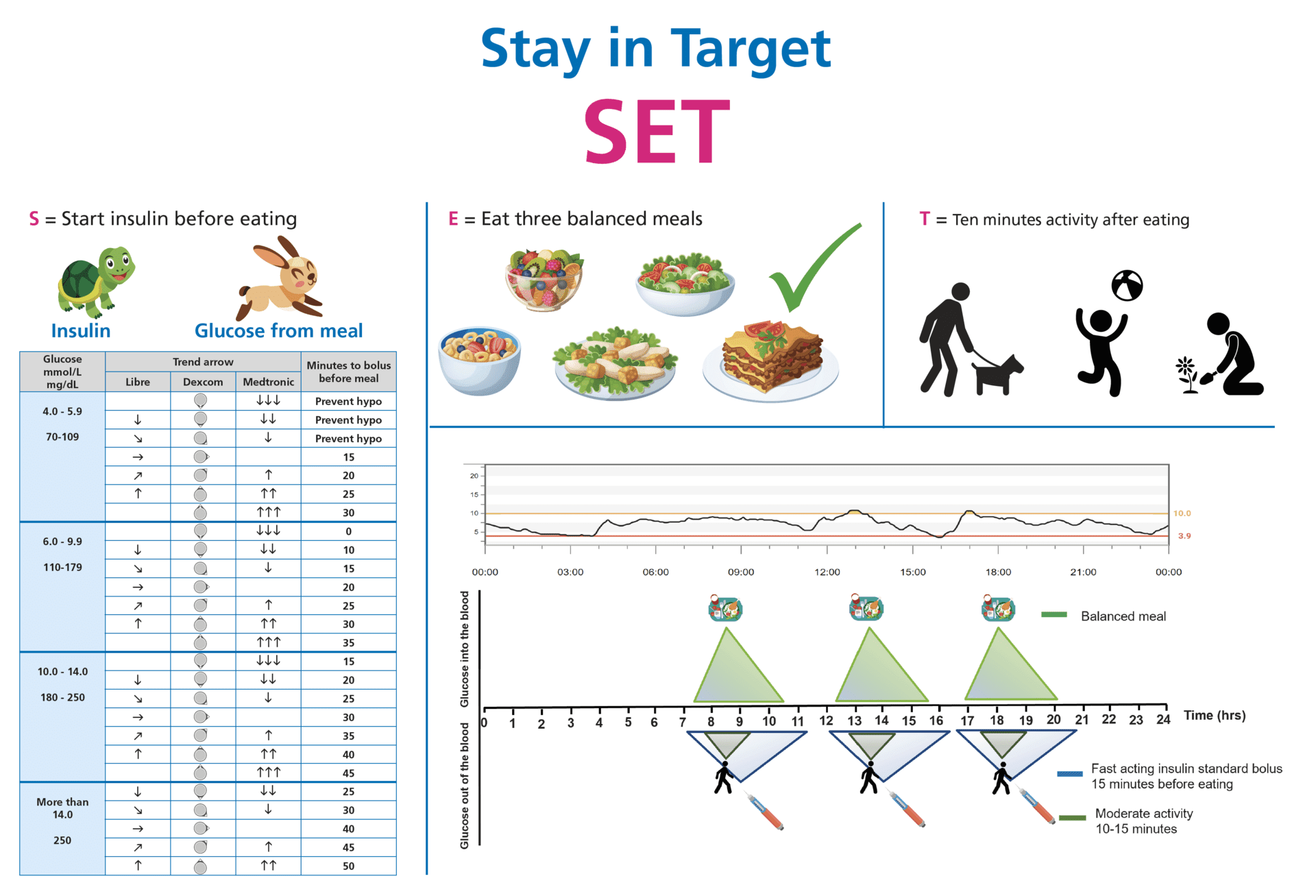 SET diagram summarising the three levers: state-based timing, eat balanced meals, and move after eating