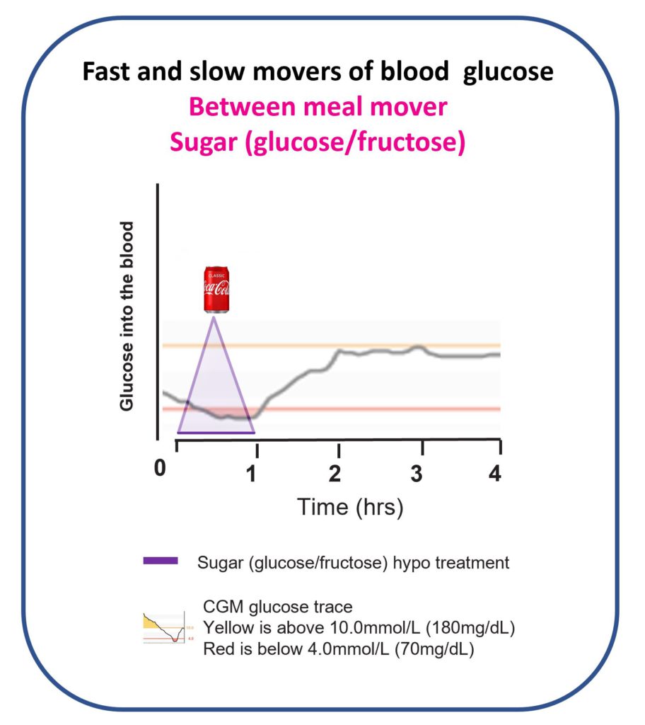 Diagram showing sugar drinks as slow movers for treating lows