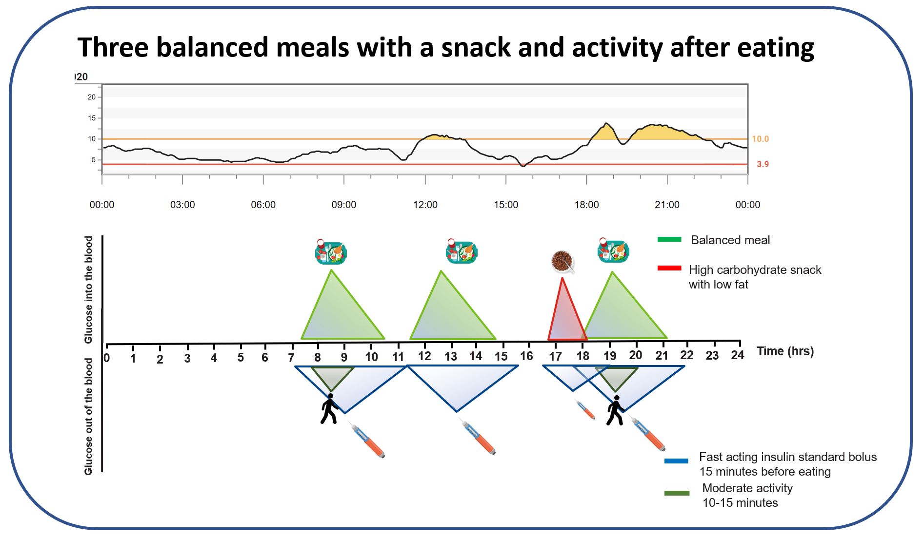 Illustration showing three balanced meals with a snack and how the glucose pattern adjusts