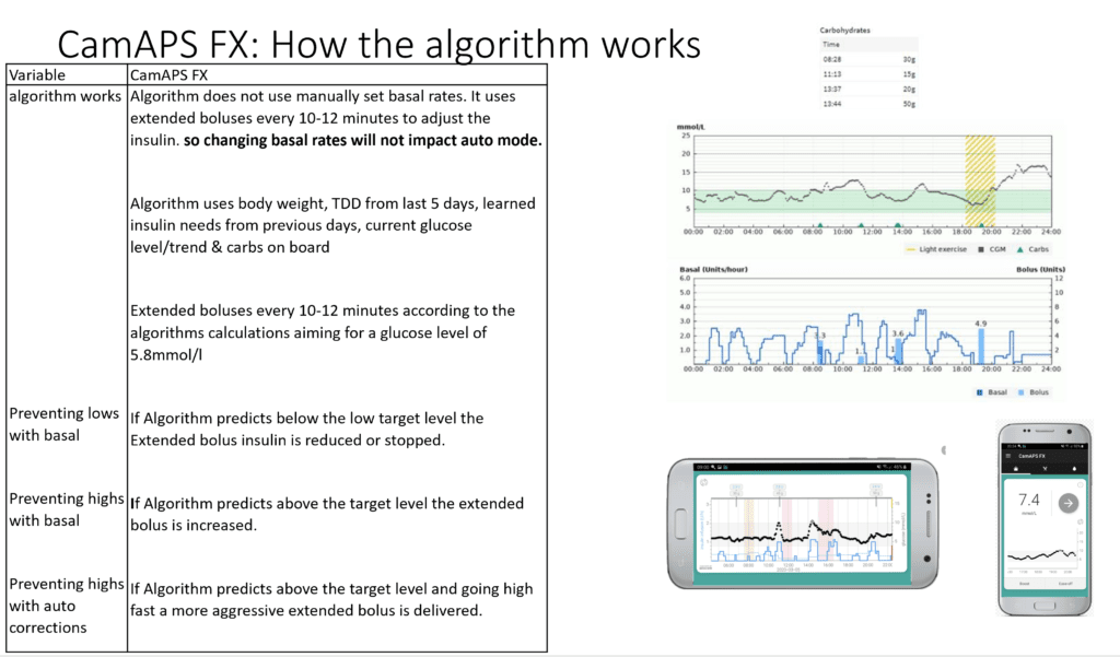CamAPS FX algorithm summary showing how insulin is delivered as micro-boluses every 8–12 minutes