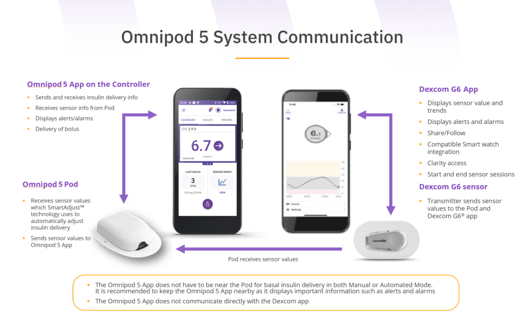 Omnipod 5 SmartAdjust algorithm summary diagram showing how basal is adjusted every five minutes