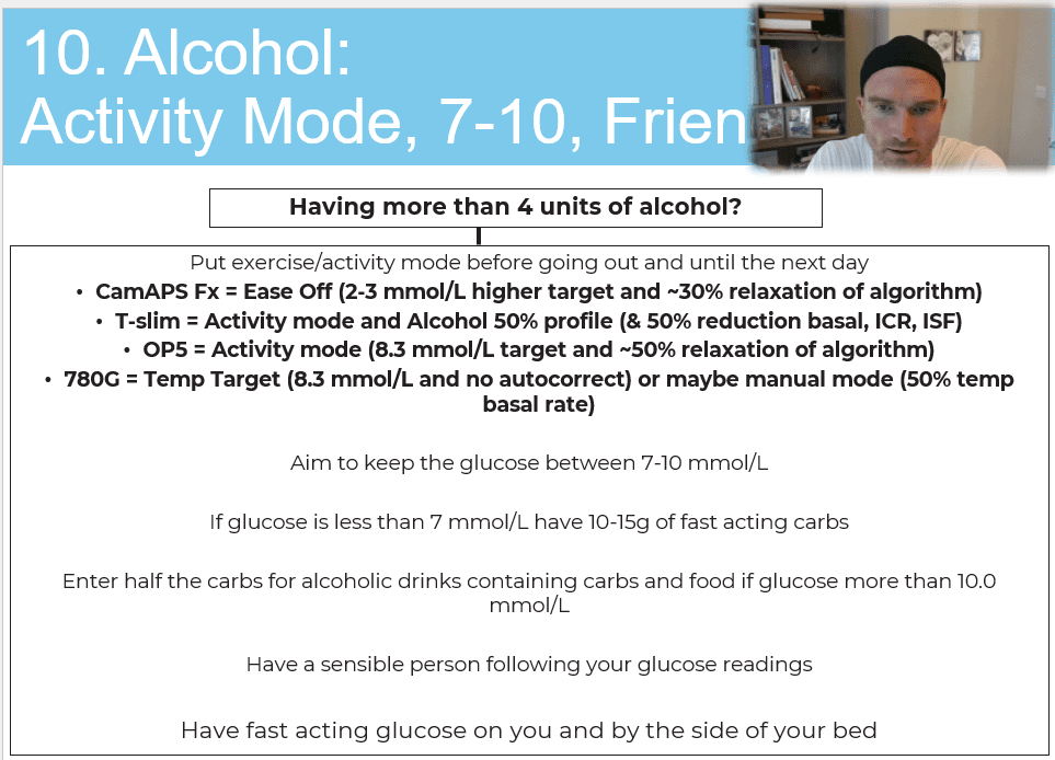Alcohol decision algorithm for type 1 diabetes showing the planning steps from drink choice through insulin adjustment to overnight safety
