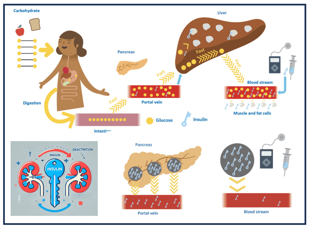 Diagram showing how prolonged sitting reduces insulin absorption and increases kidney clearance in type 1 diabetes