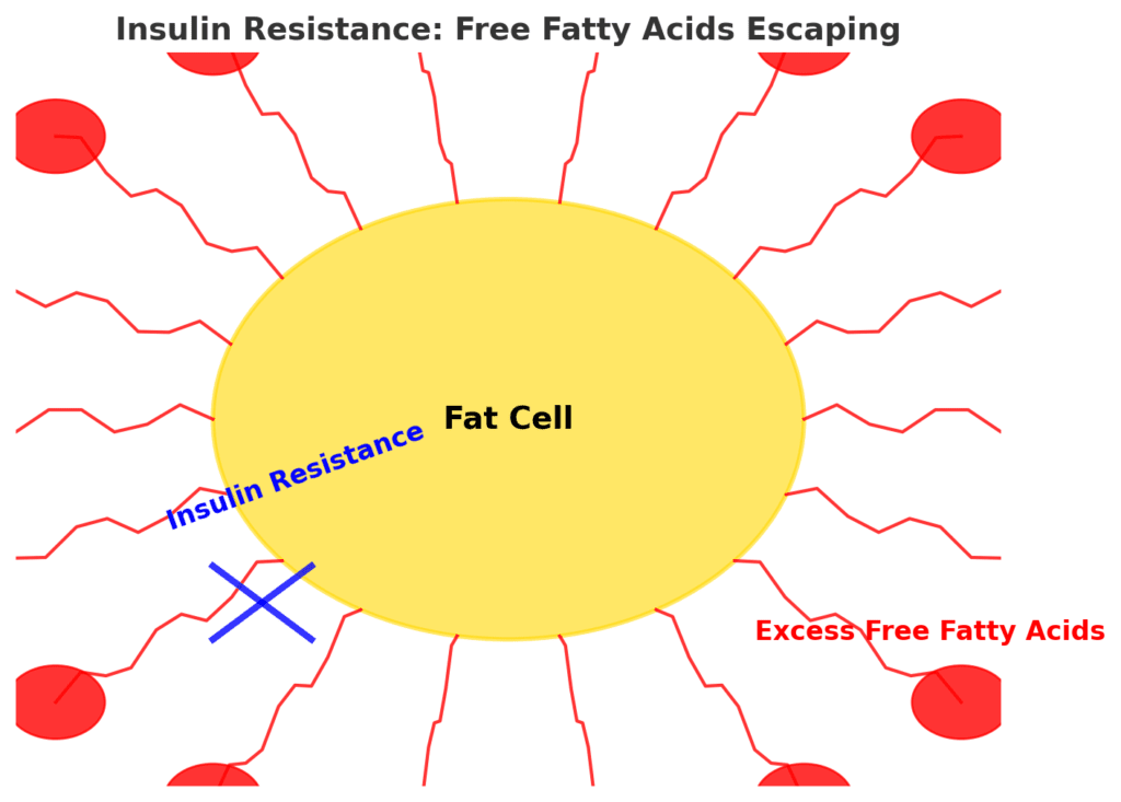 Diagram showing free fatty acids escaping from insulin-resistant fat tissue and worsening insulin resistance in liver and muscle