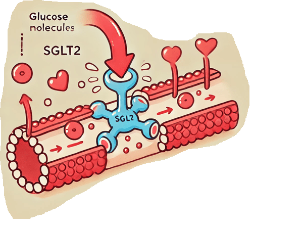 Diagram of SGLT2 transporters in the kidney showing how glucose is reabsorbed and how the renal threshold affects glucose excretion
