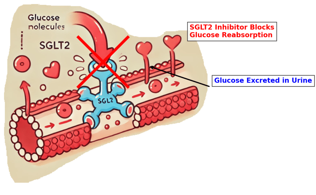 Chart showing the glucose-lowering mechanism of SGLT-2 inhibitors through urinary glucose excretion
