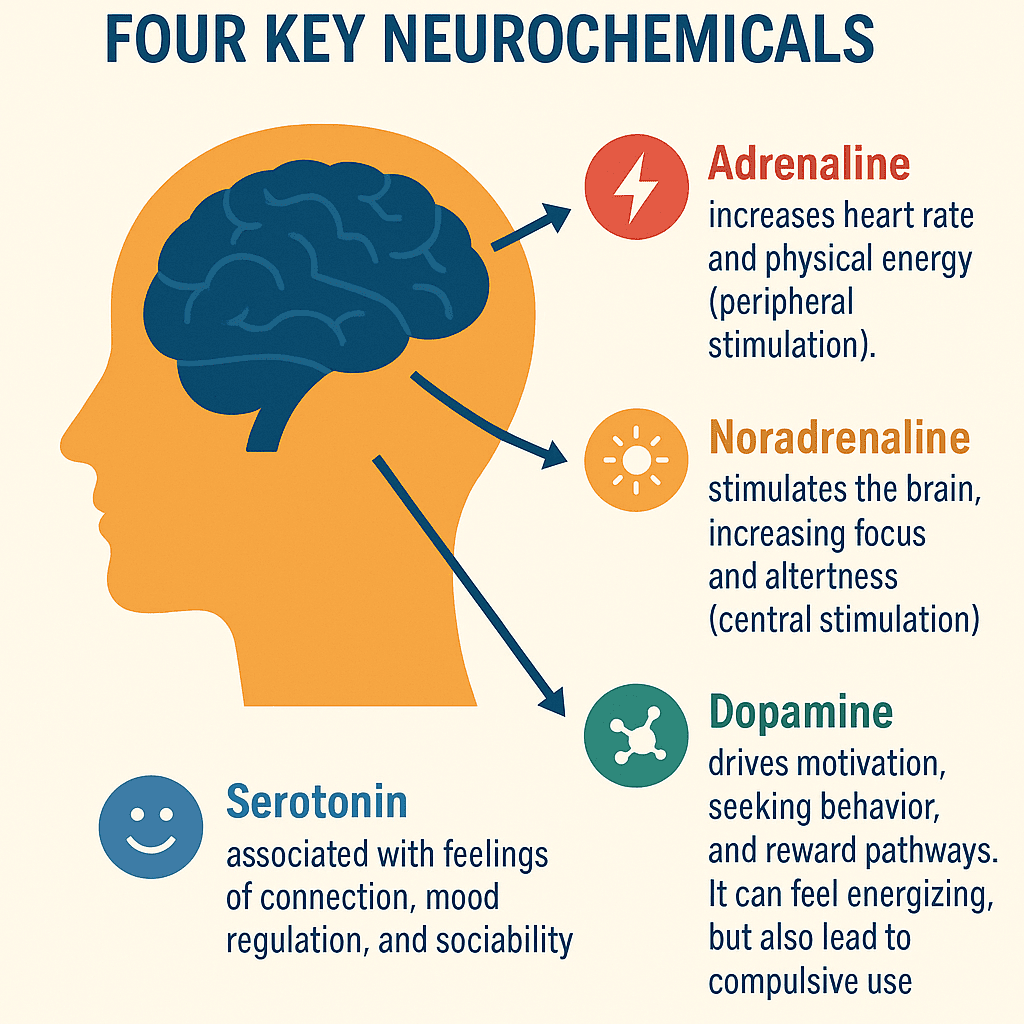 Diagram showing the shared neurochemistry of stimulants — dopamine, noradrenaline, and serotonin pathways and their effects on energy, appetite, sleep, and self-monitoring
