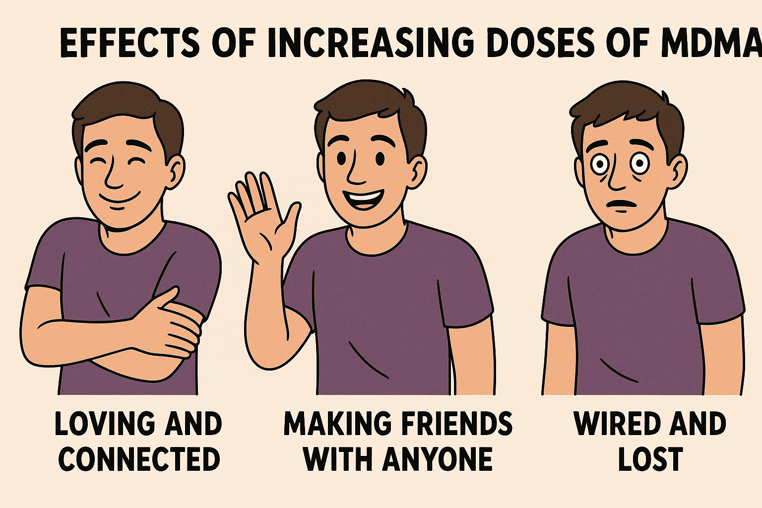 Diagram showing how MDMA affects type 1 diabetes management through movement, heat, appetite suppression, and the post-event mood crash