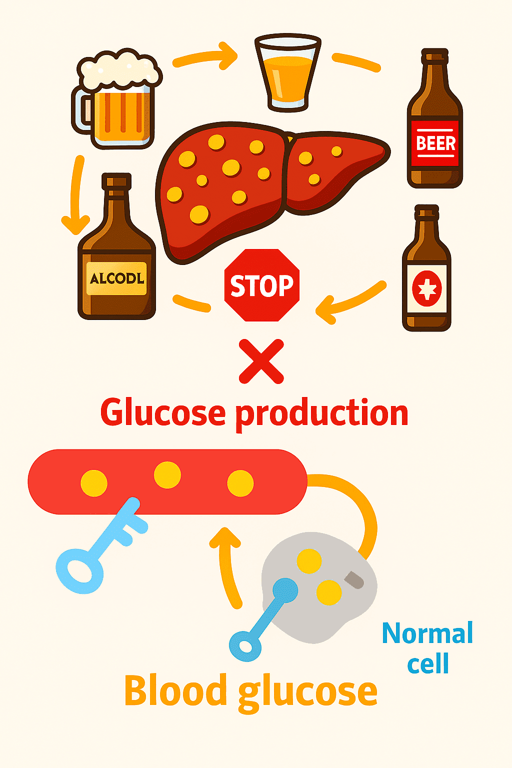 Diagram showing how the liver prioritises alcohol metabolism over glucose release, creating a mismatch with ongoing basal insulin