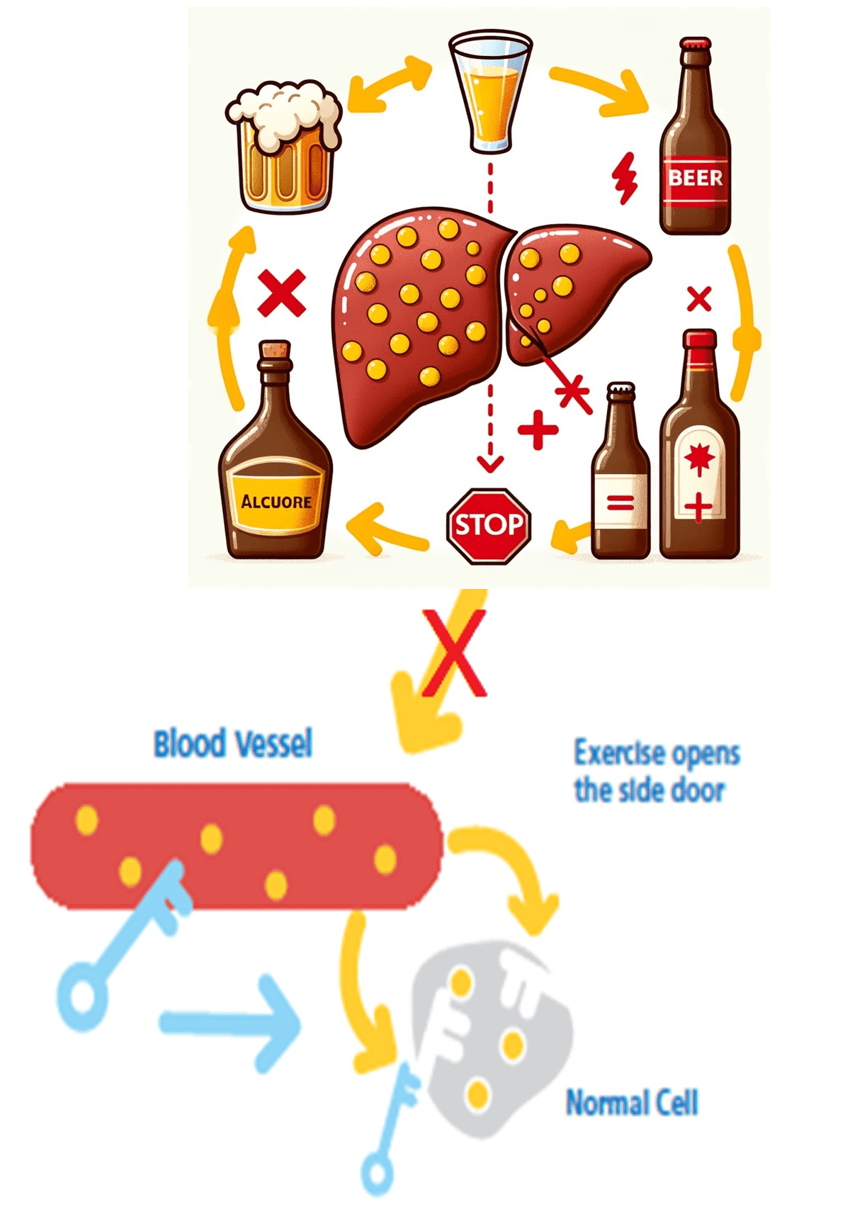 Diagram showing liver physiology and how alcohol suppresses hepatic glucose output in type 1 diabetes