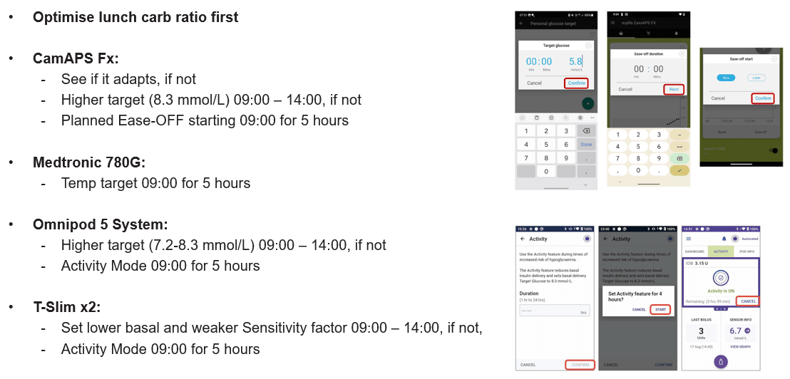 AID-options summary for the Dusk-Then-Drop pattern across CamAPS FX, Omnipod 5, and t:slim X2 Control-IQ