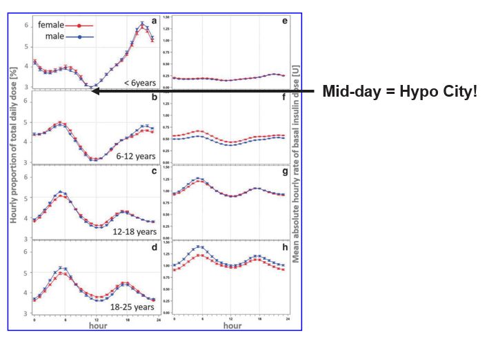 Midday hypoglycaemia pattern diagram showing the 11:00 to 14:00 hypo trap in under-5s with type 1 diabetes — The Glucose Never Lies®