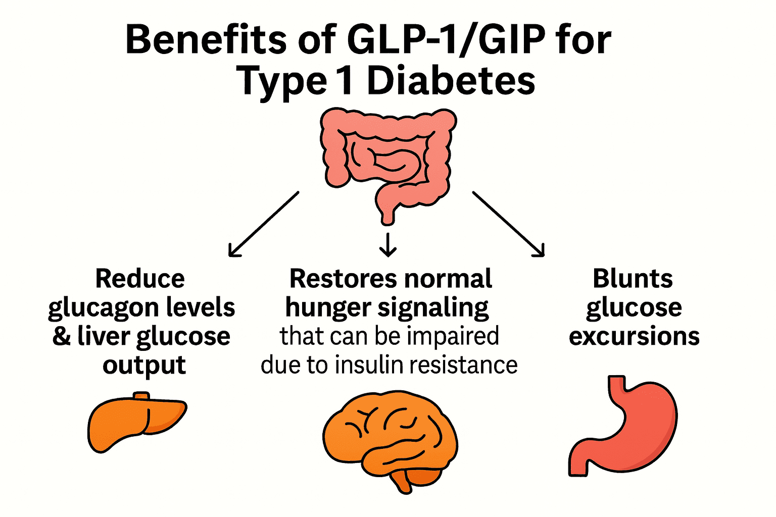 Diagram showing the mechanisms of GLP-1 receptor agonists relevant to insulin resistance in type 1 diabetes