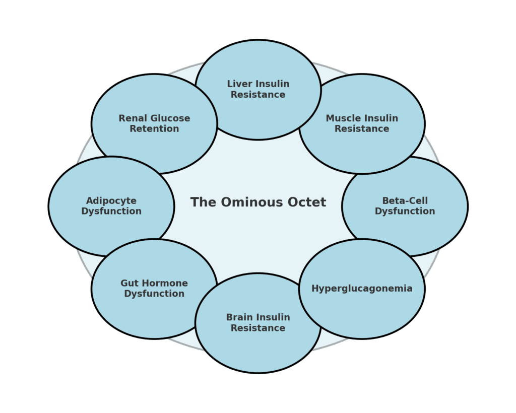 Diagram of the Ominous Octet framework showing eight biological mechanisms that contribute to insulin resistance