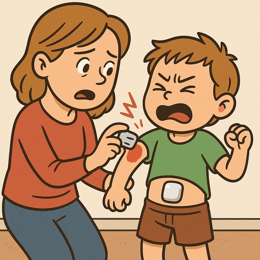 Child wearing CGM and insulin pump technology on skin showing typical device placement