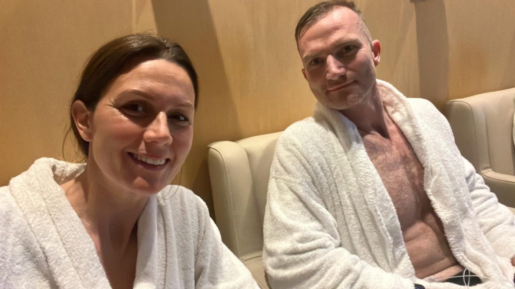 John and Dani at the spa hotel pool, Easter 2025 — the day that looked like a celebration but marked the start of another crash