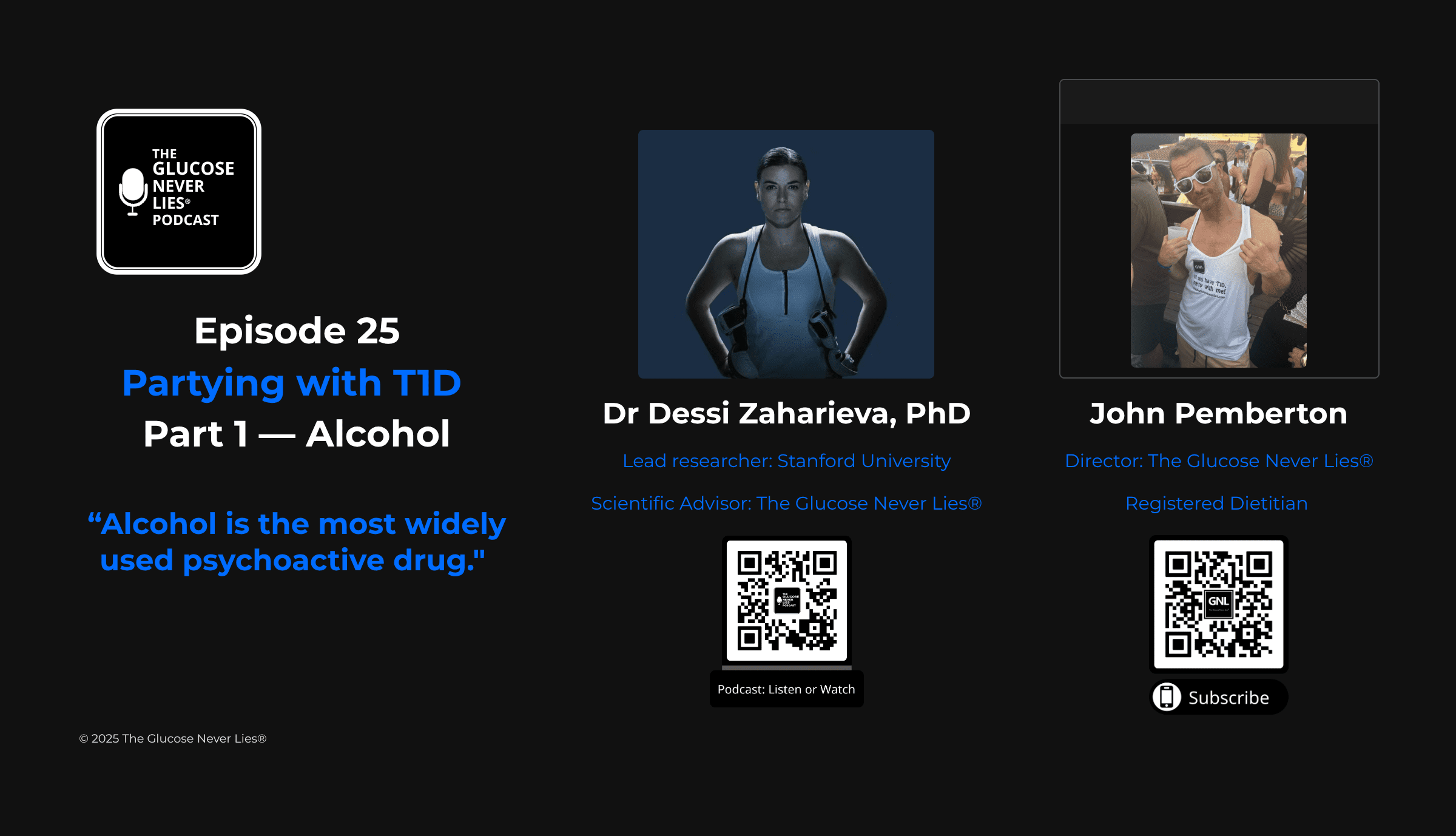 Episode 25 — Alcohol and Type 1 Diabetes title artwork for The Glucose Never Lies Podcast