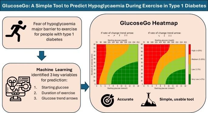 GlucoseGo model overview showing hypoglycaemia risk prediction based on starting glucose, trend arrows, and exercise duration — The Glucose Never Lies®