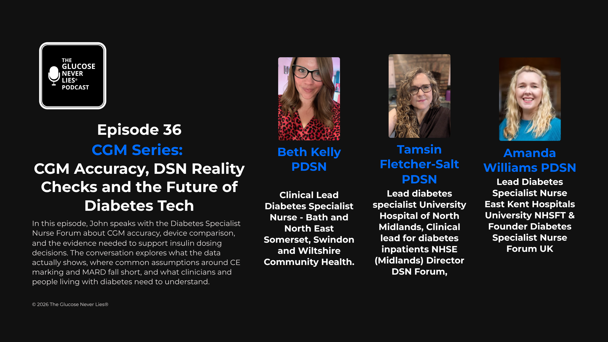 Episode 36 cover image — CGM Accuracy, DSN Reality Checks with Amanda Williams, Beth Kelly and Tamsin Fletcher-Salt — The Glucose Never Lies® Podcast