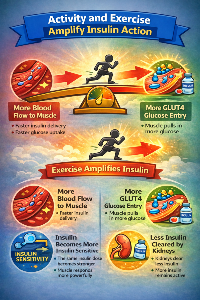 How exercise amplifies insulin exposure: increased blood flow, GLUT4 upregulation, insulin sensitivity, and reduced renal clearance