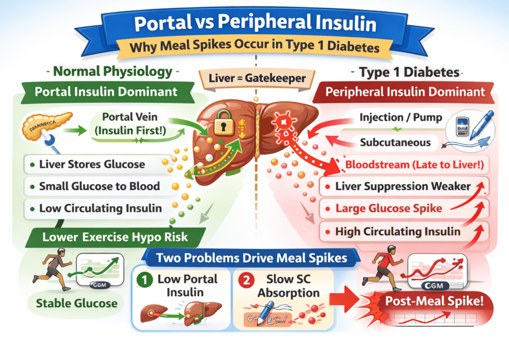 Portal vs peripheral insulin delivery: the gradient reversal in T1D and its consequences for muscle, fat, and exercise