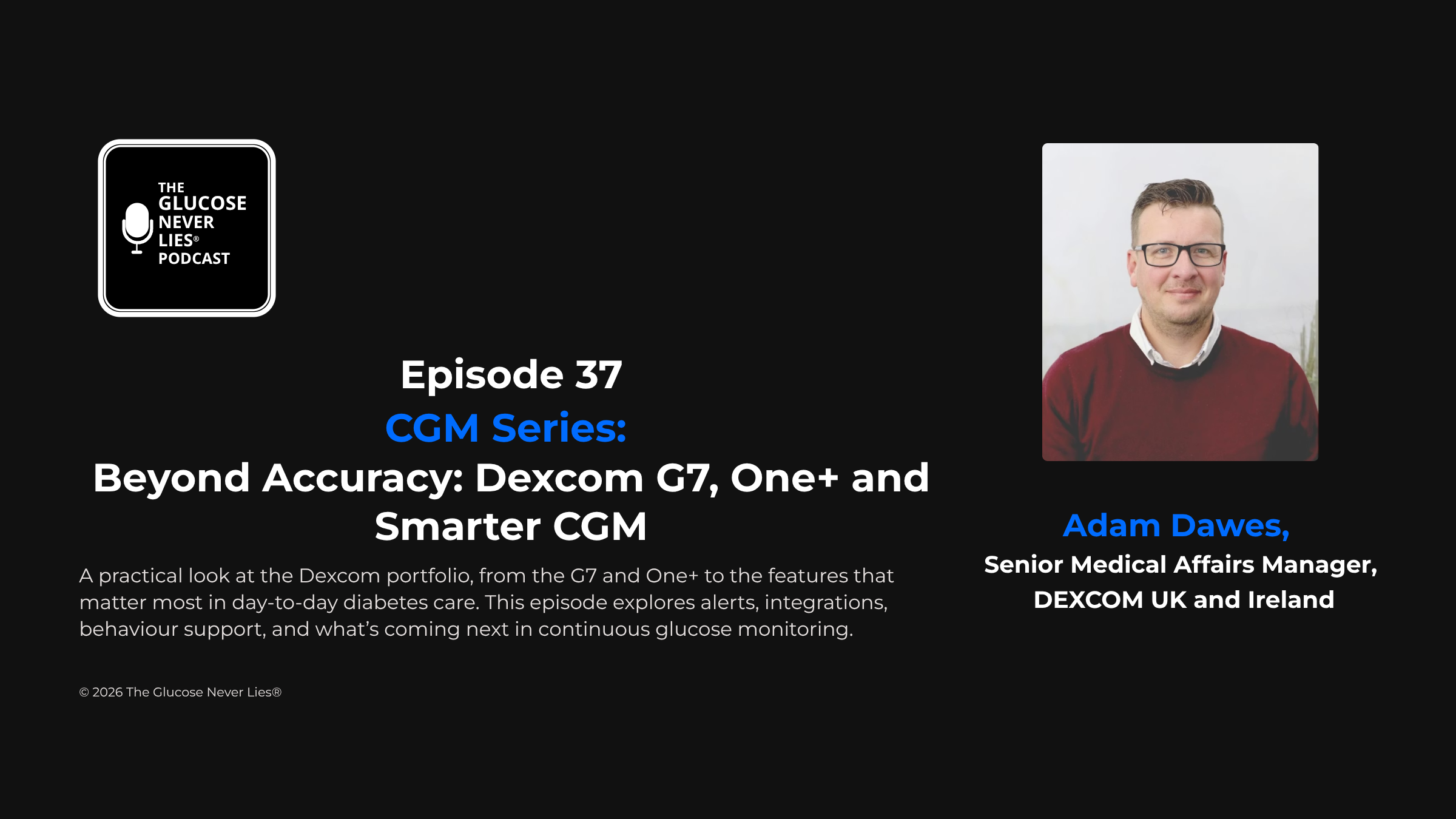 Episode 37 cover — Dexcom G7 and ONE+ — The Glucose Never Lies® Podcast