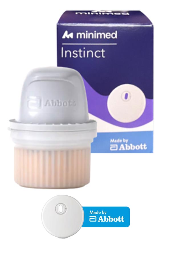 MiniMed Instinct inserter, retail box, and sensor, made by Abbott