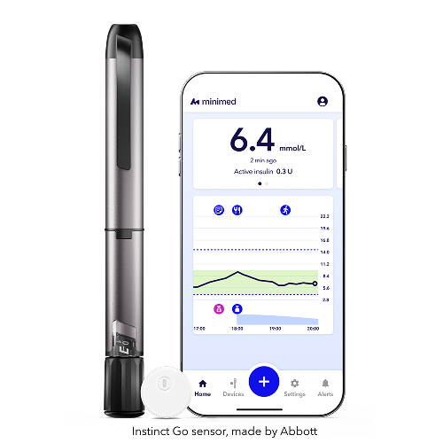 InPen smart insulin pen and iPhone showing the MiniMed app, with the Instinct Go sensor made by Abbott