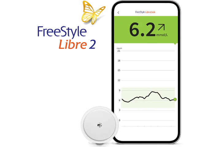 FreeStyle Libre 2 sensor and LibreLink app glucose reading on a phone