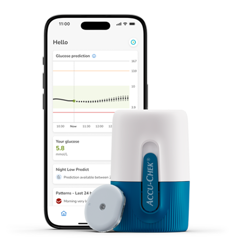 Accu-Chek SmartGuide app glucose prediction home screen and sensor