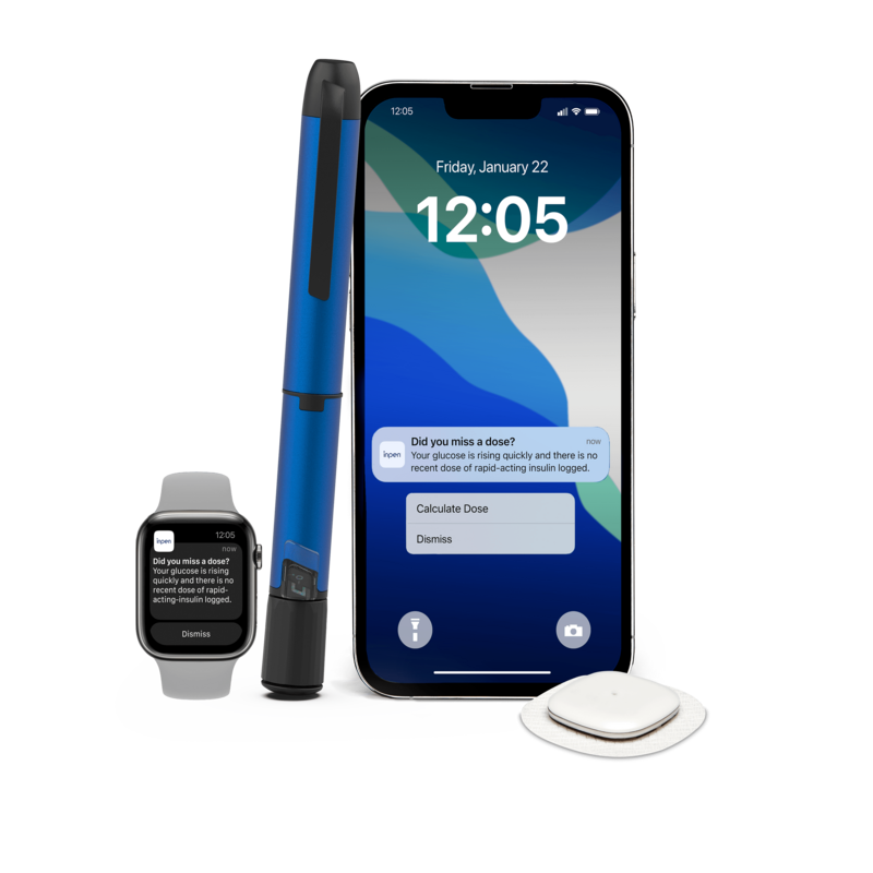 Smart MDI system: InPen smart insulin pen, Apple Watch, iPhone, and Simplera sensor