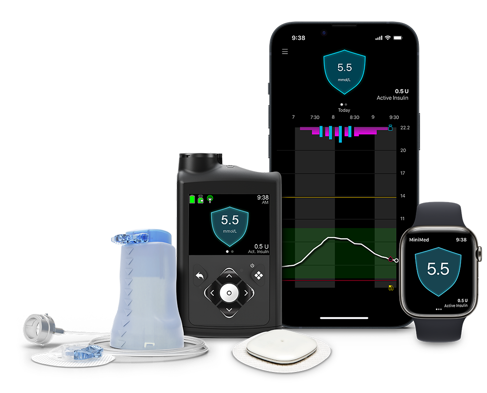 MiniMed 780G pump with reservoir, Simplera Sync sensor, and phone app