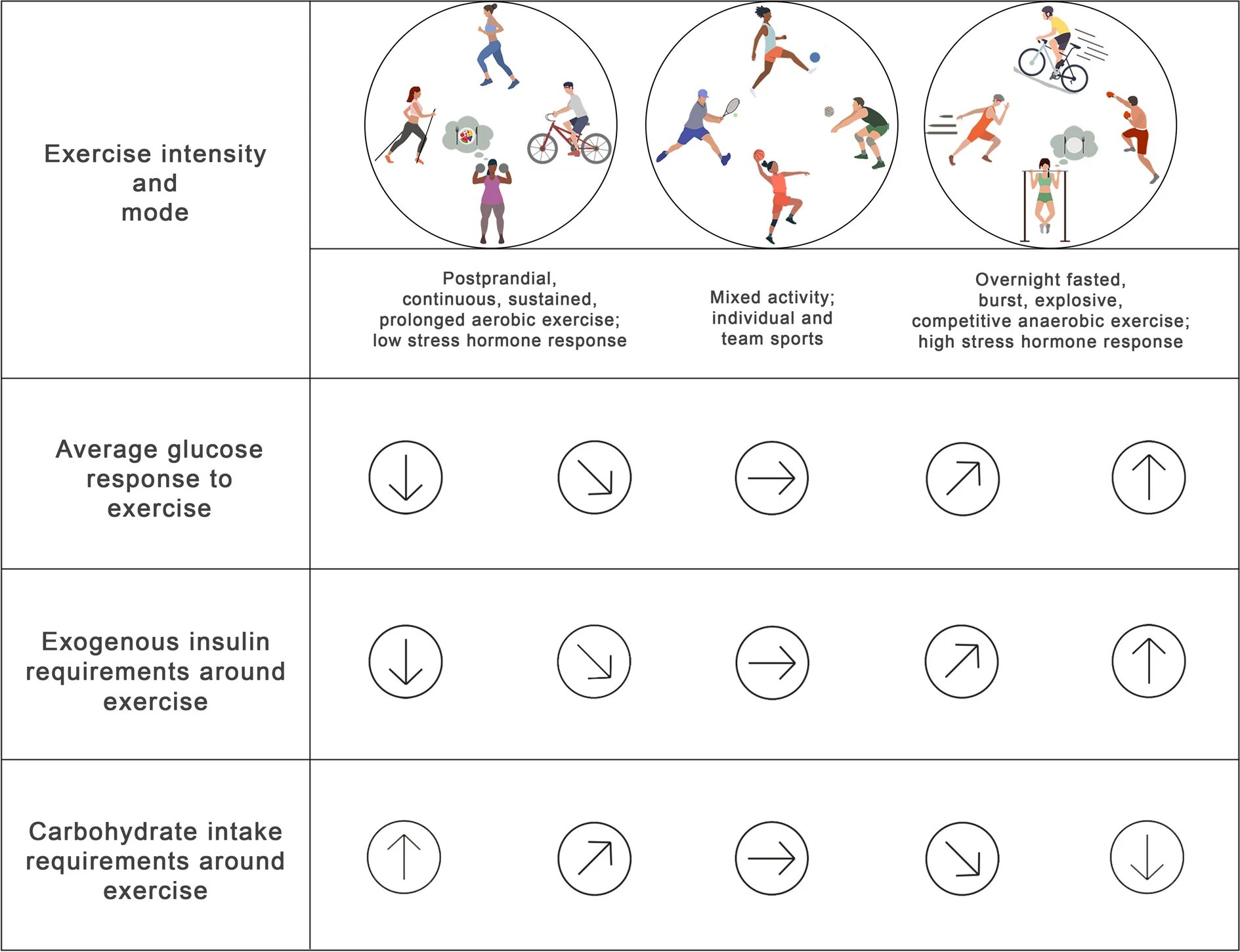 Exercise intensity and mode matrix. Three columns across a continuum: aerobic (postprandial, continuous, sustained, prolonged, low stress-hormone response; running, cycling, rowing, weights), mixed (individual and team sports; tennis, football, basketball, volleyball), and anaerobic (overnight fasted, burst, explosive, competitive, high stress-hormone response; sprinting, fast cycling, boxing, pull-ups). Across that continuum, average glucose response goes from falling to rising, exogenous insulin requirements from falling to rising, and carbohydrate requirements from rising to falling.