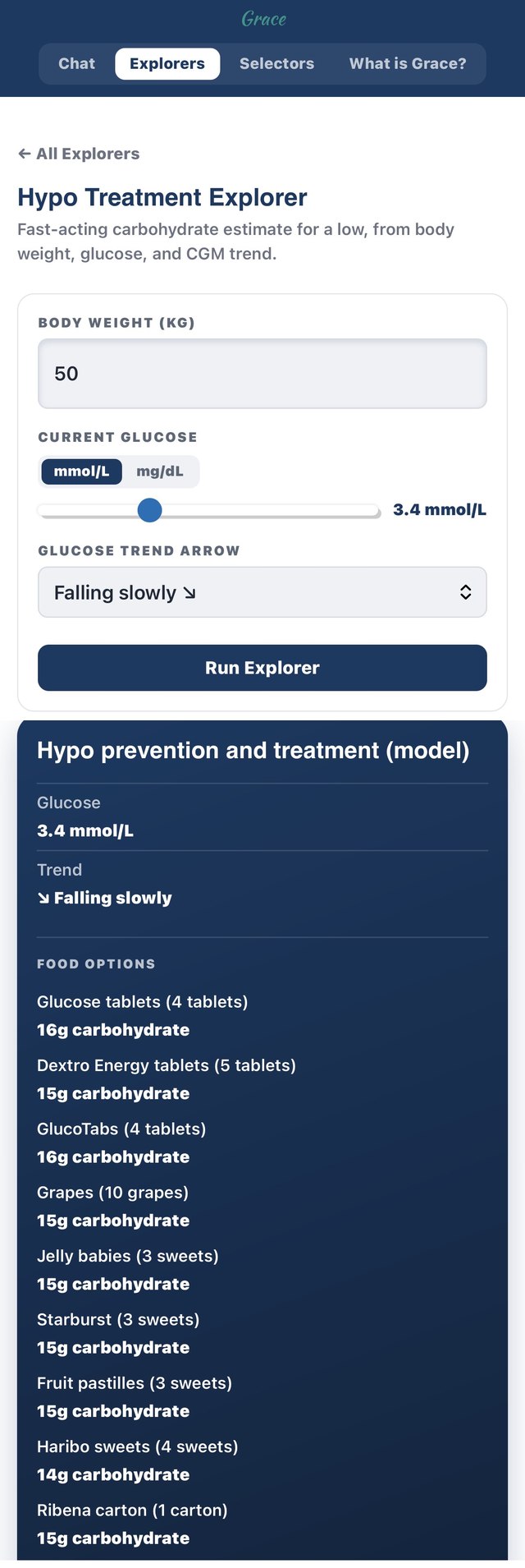 GNL Hypo Treatment Explorer, showing input (50kg, 3.4 mmol/L, falling slowly) and output (fast-acting carbohydrate options) for a 50kg person
