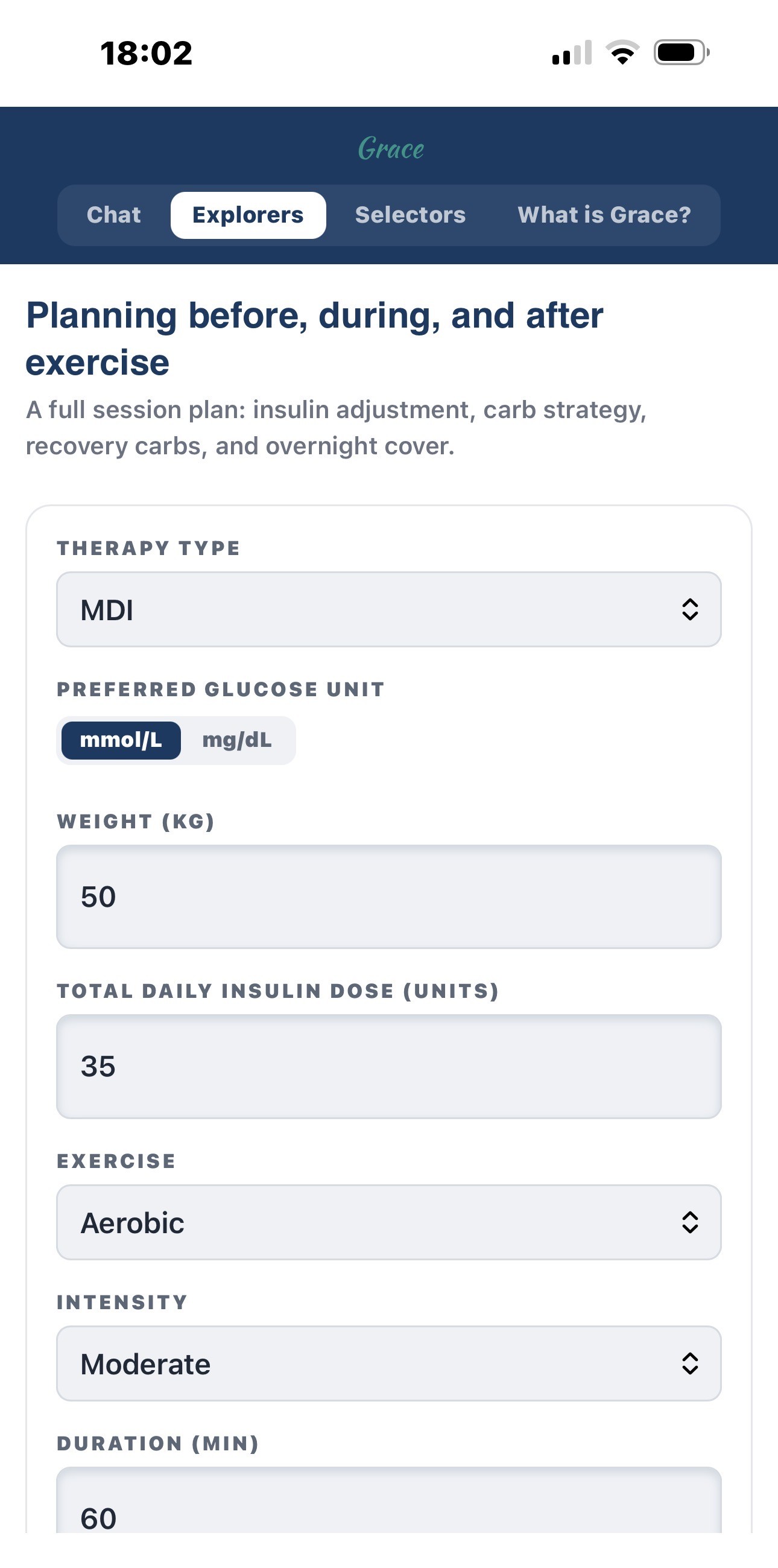 Exercise Planning Explorer setup screen: therapy type MDI, glucose unit, weight, total daily insulin dose, exercise type aerobic, intensity and duration