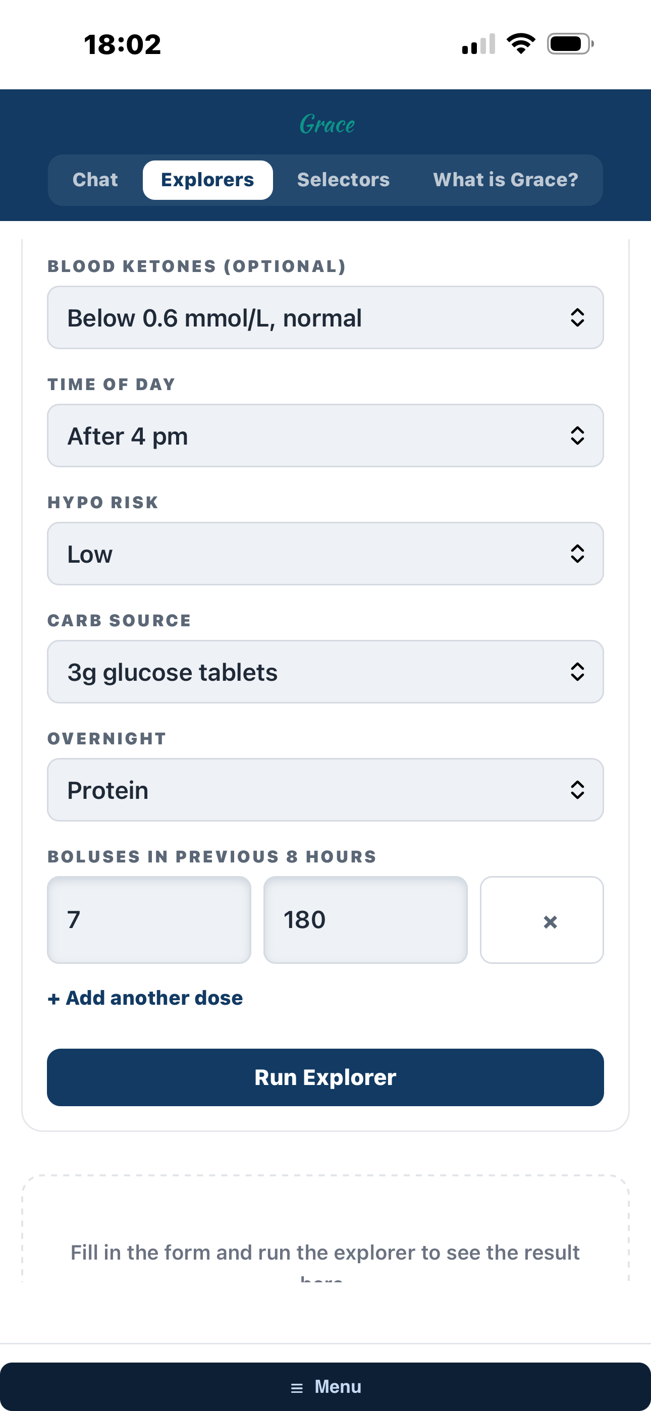 Exercise Planning Explorer details screen: blood ketones, time of day, hypo risk, carb source, overnight cover and recent boluses, then Run Explorer