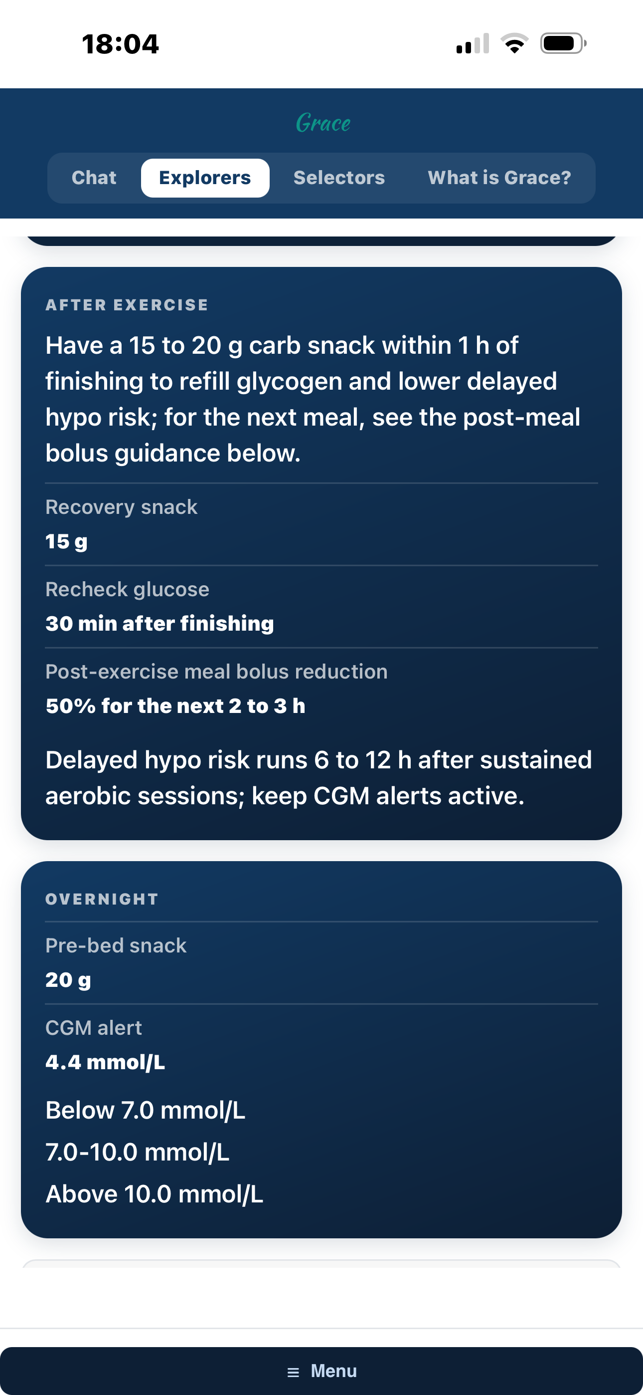 Exercise Planning Explorer result: after-exercise recovery snack, glucose recheck, post-exercise bolus reduction and overnight cover with a CGM alert
